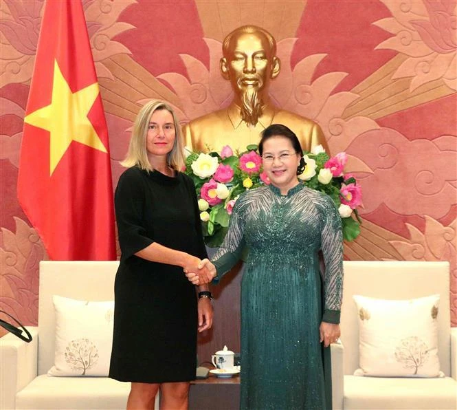 Председатель Нгуен Тхи Ким Нган приняла г-жу Федерику Могерини, Зампредседателя ЕК, Верховного представителя ЕС по внешней политике и безопасности. Фото ВИА