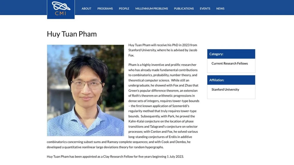 越南博士生范俊辉获得克雷数学研究奖| Vietnam+ (VietnamPlus)