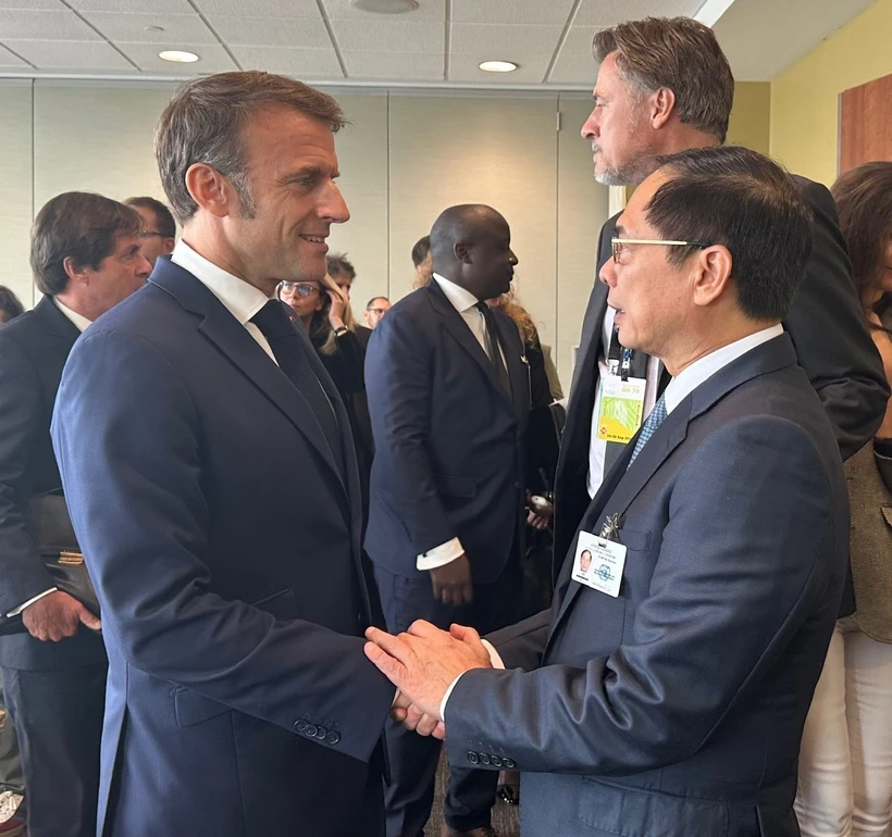 Deputy Prime Minister and Foreign Minister Bui Thanh Son (R) meets French President Emmanuel Macron on September 25. Photo: VNA