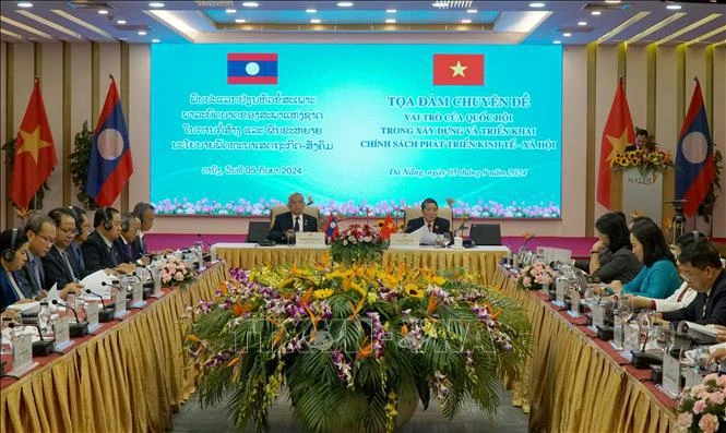 National Assembly Vice Chairman Nguyen Duc Hai (R) and his Lao counterpart Sommad Pholsena co-chair seminar on the role of the legislative body in building and implementing socio-economic development policies (Photo: VNA)