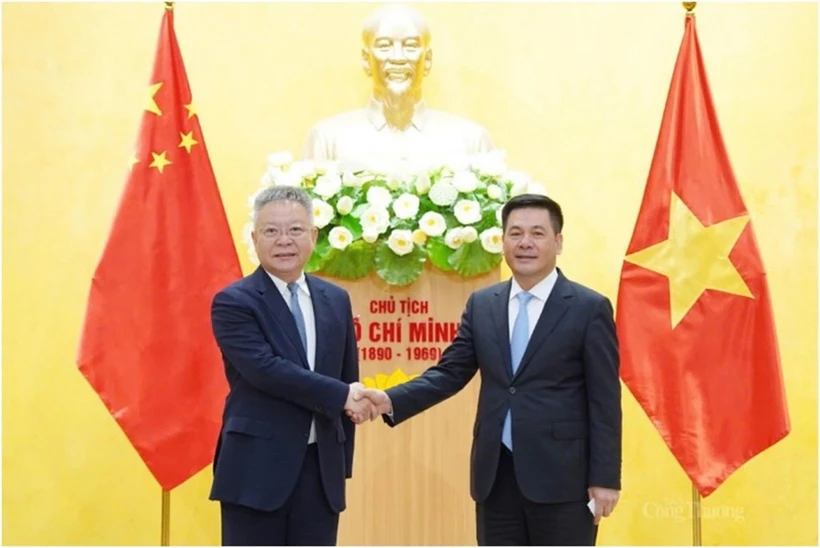 Minister of Industry and Trade Nguyen Hong Dien (R) in a meeting with Secretary of the Party Committee of Hainan province Shen Xiaomin in February 2023. (Photo: VNA)